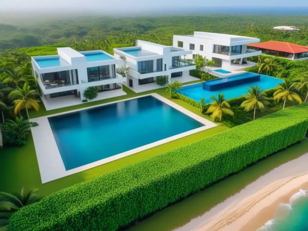 Condominios de lujo en Nicaragua: vista aérea impresionante Inversión inmobiliaria en Nicaragua: Complejo de lujo con diseño moderno, piscina y palmeras, frente al mar