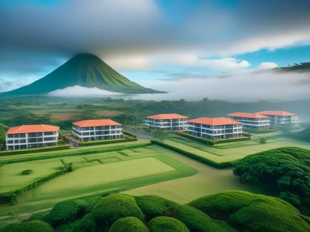Desarrollo inmobiliario de lujo en Nicaragua: arquitectura moderna y exuberante paisajismo Inversión inmobiliaria en Nicaragua: Complejo residencial de lujo con diseño moderno y exuberante vegetación