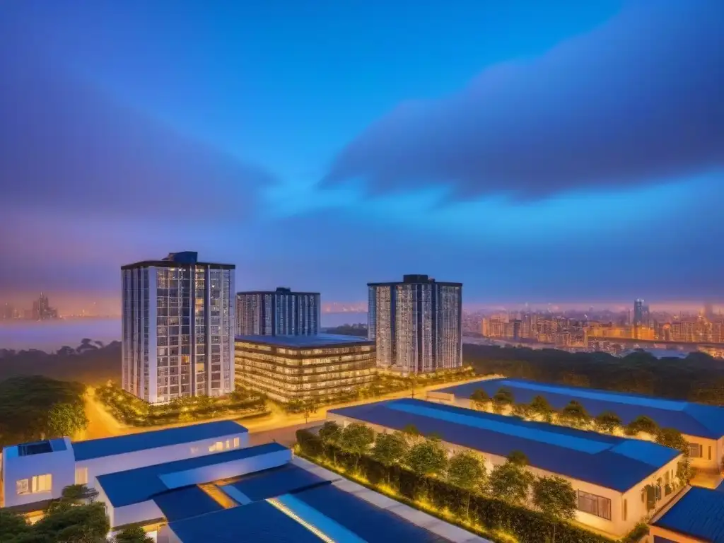 Edificio de lujo con ventanales panorámicos en la ciudad al atardecer Inversión inmobiliaria a corto plazo: Edificio moderno con ventanales de piso a techo reflejando la ciudad al atardecer