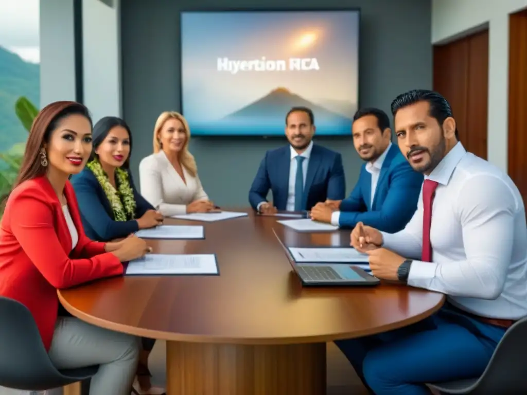 Inversores internacionales en mesa de negociación con expertos en bienes raíces de Costa Rica: visión global y colaborativa Inversión inmobiliaria en Costa Rica: Grupo diverso de inversores internacionales reunidos con expertos en bienes raíces costarricenses en una sala moderna y tecnológica