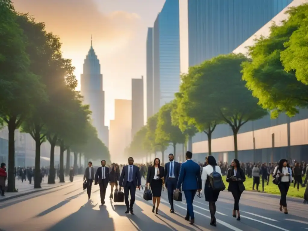 Vida urbana vibrante: diversidad en un bullicioso bulevar al atardecer Inversión inmobiliaria diversificación demográfica en una bulliciosa ciudad moderna al atardecer