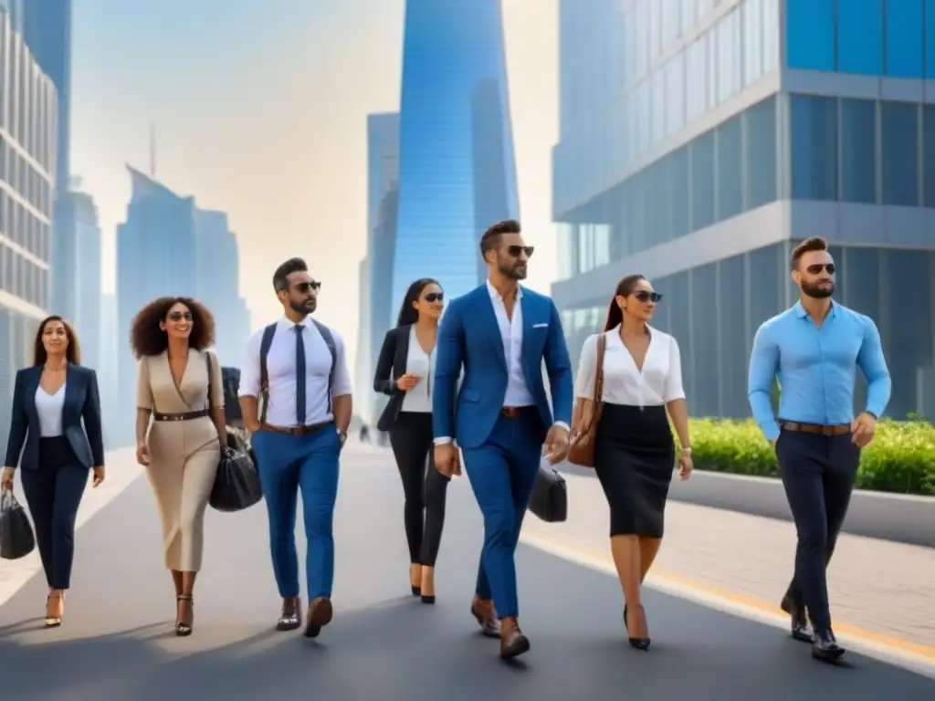 Escena urbana vibrante: diversidad demográfica en la ciudad moderna Inversión inmobiliaria diversificación demográfica: Ciudad bulliciosa con diversidad de grupos caminando entre rascacielos modernos