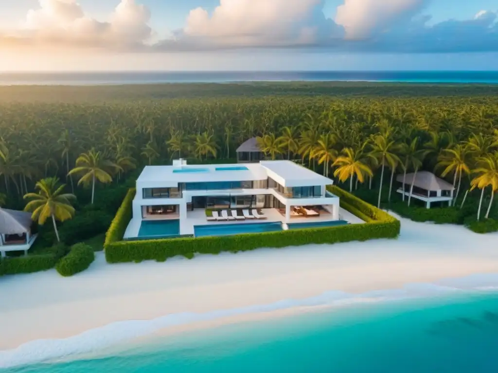 Inversiones inmobiliarias de lujo en República Dominicana: diseño moderno frente al mar Inversión inmobiliaria en República Dominicana para extranjeros: Lujo y modernidad frente al mar caribeño al atardecer