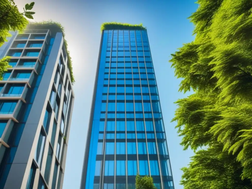 Edificio de lujo en medio de la naturaleza urbana Inversión inmobiliaria: Edificio moderno rodeado de vegetación exuberante, reflejando el cielo azul
