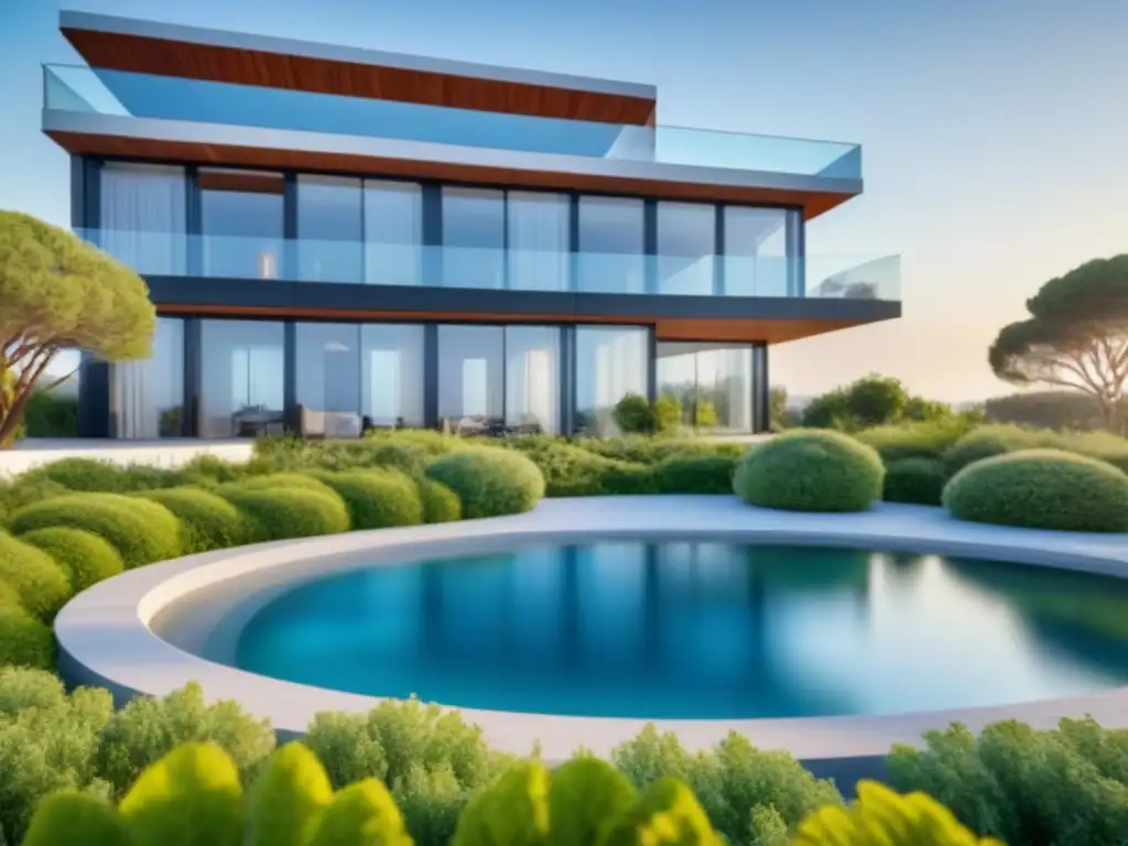 Edificio residencial sostenible en España: diseño moderno en armonía con la naturaleza Inversión inmobiliaria en España: Edificio sostenible con paneles solares, techos verdes y ventanas eficientes, rodeado de naturaleza