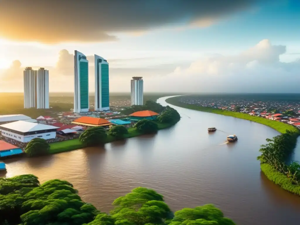 Inversores en Surinam y Guyana: crecimiento urbano y diversidad Inversión inmobiliaria en Surinam y Guyana: Escena urbana vibrante con rascacielos modernos, edificios tradicionales y mercados callejeros
