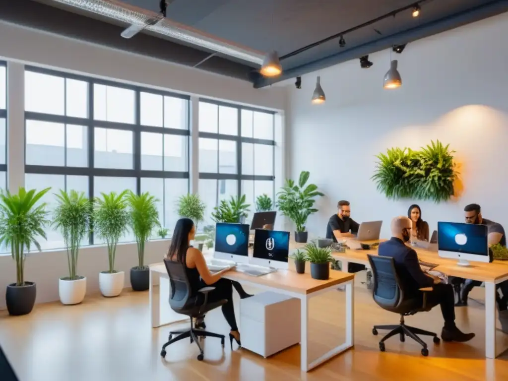 Espacio de coworking moderno y creativo con profesionales colaborando Inversión inmobiliaria en espacios coworking: Colaboración creativa y productiva en un moderno ambiente de trabajo