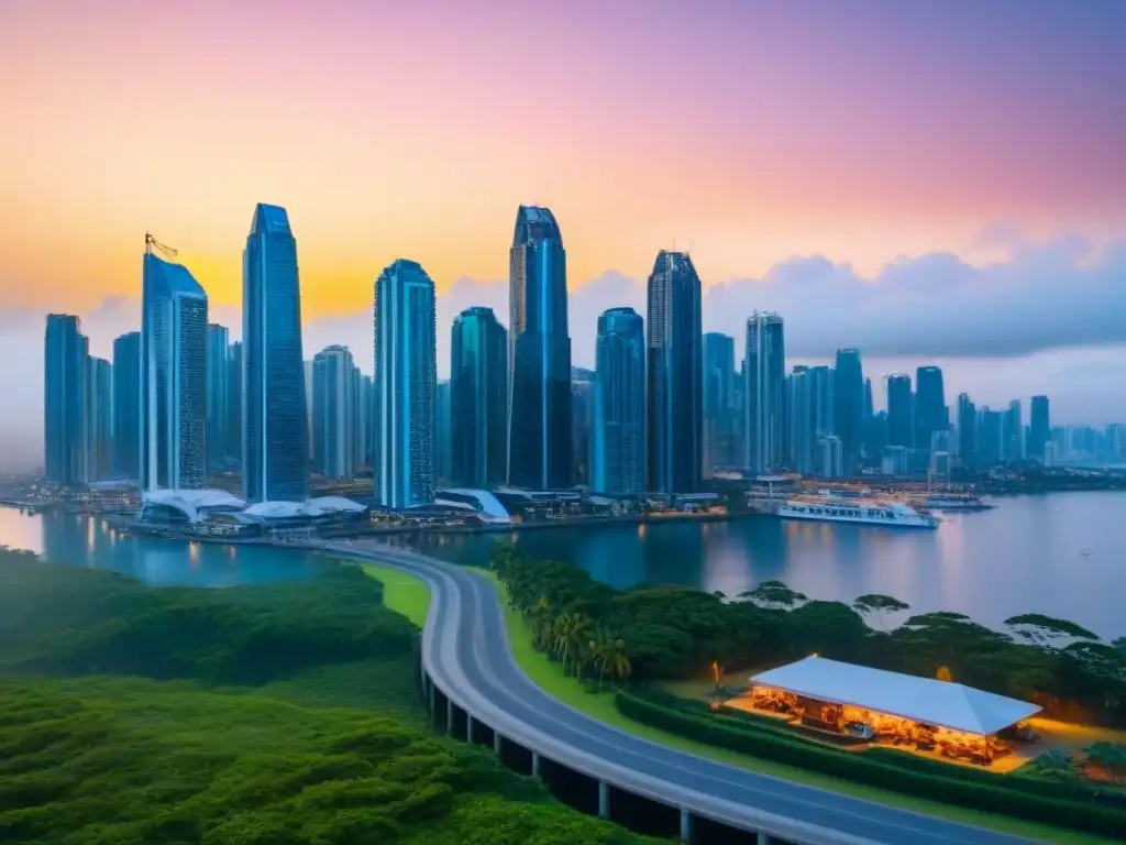 Panamá City al atardecer: moderna y próspera Inversión inmobiliaria en Panamá: Espectacular skyline moderno de Ciudad de Panamá al atardecer, con rascacielos reflejando el sol y yates de lujo