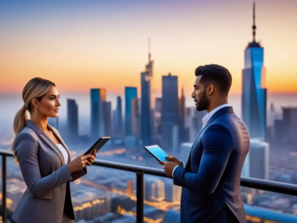 Cityscape al atardecer: colaboración en inversión inmobiliaria Inversión inmobiliaria estrategia salida: Profesionales discuten entre rascacielos al atardecer, planificando colaborativamente