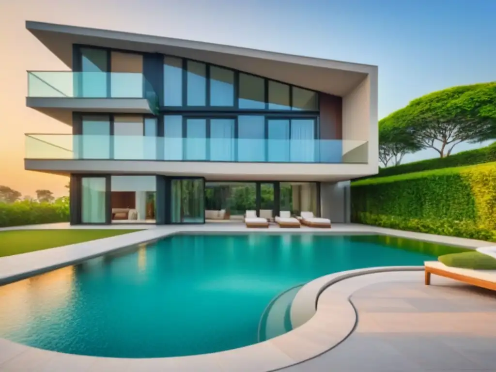 Edificio de apartamentos moderno y lujoso en entorno natural Inversión inmobiliaria estrategia salida: Un edificio moderno rodeado de naturaleza, con piscina y ventanales que capturan la cálida luz del atardecer