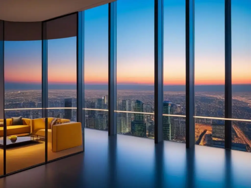 Edificio de oficinas moderno y lujoso: inversión inmobiliaria de alto nivel Inversión inmobiliaria estratégica en edificio moderno y lujoso con ventanales de piso a techo reflejando la vibrante ciudad al atardecer