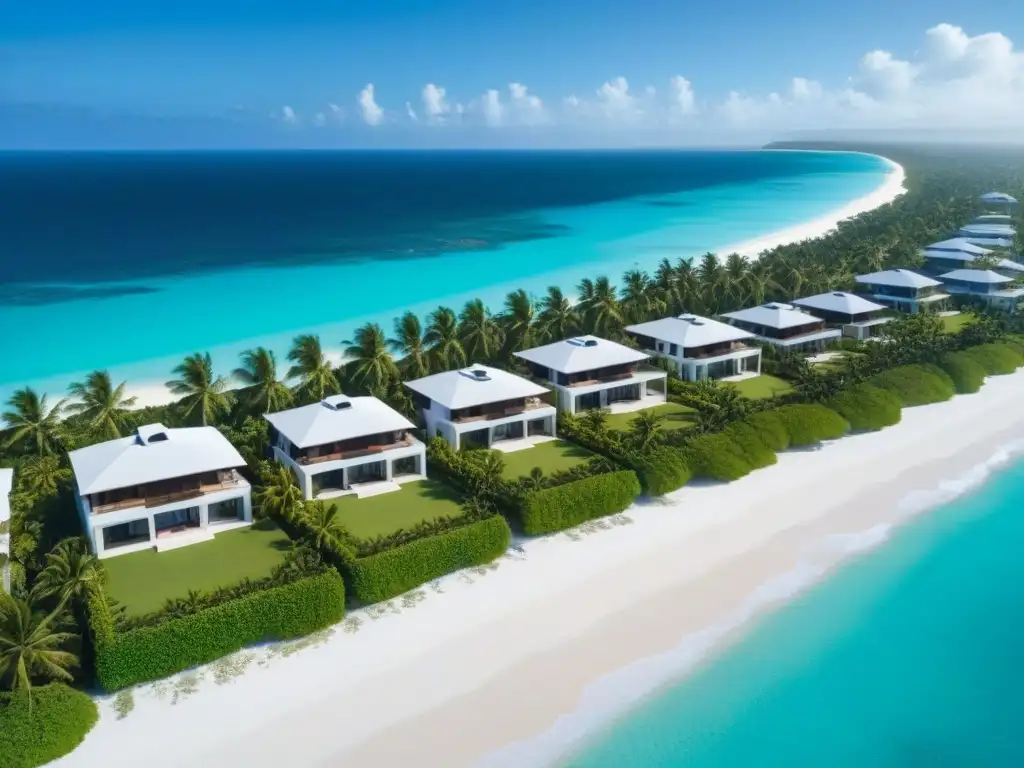 Inversiones inmobiliarias exclusivas en el Caribe Inversión inmobiliaria Caribe extranjera: Exclusivas propiedades frente a la playa con aguas turquesas y palmeras
