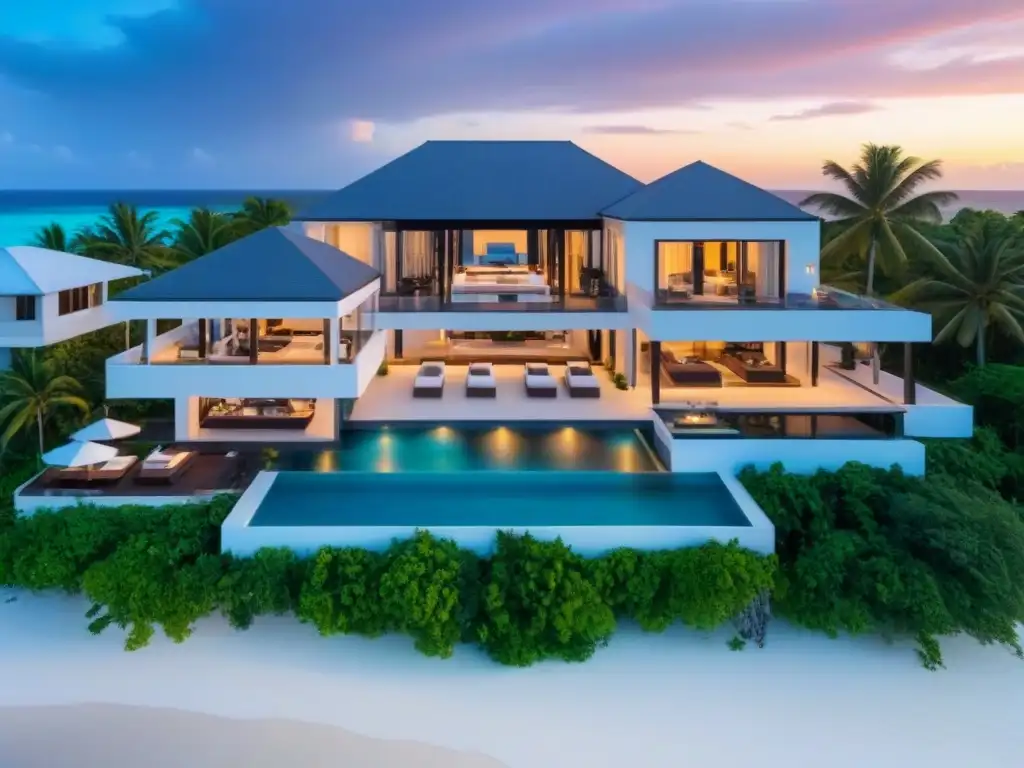 Propiedad de lujo frente a la playa en el Caribe al atardecer Inversión inmobiliaria Caribe extranjera: Lujosa propiedad frente a la playa al atardecer con arquitectura moderna y aguas turquesas