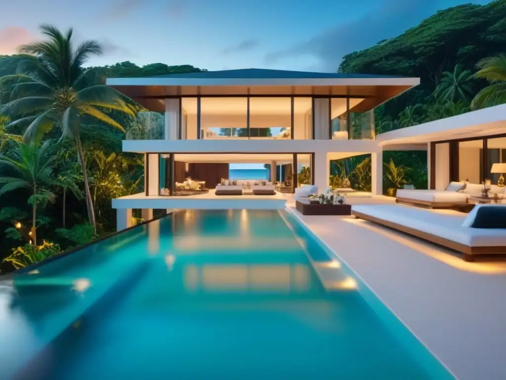 Propiedad de lujo en el Caribe: vista panorámica 8k Inversión inmobiliaria Caribe extranjera: lujosa propiedad frente al mar con arquitectura moderna y vistas paradisíacas al atardecer