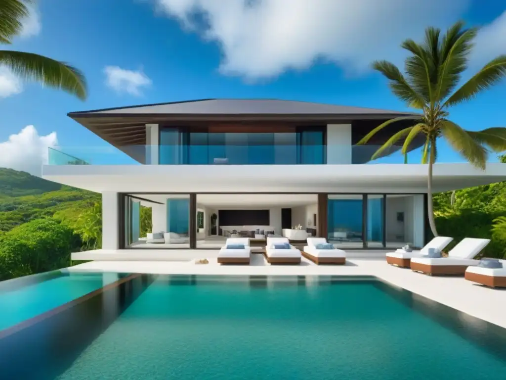 Inversión de lujo en el Caribe: villa exclusiva con vistas al mar Inversión inmobiliaria extranjera en el Caribe: lujosa propiedad frente al mar con aguas turquesas y arquitectura moderna