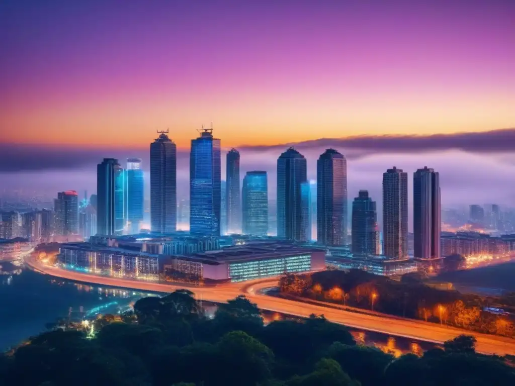 Horizonte futurista: rascacielos iluminados y prósperos Inversión inmobiliaria inteligente: ciudad futurista con rascacielos iluminados de noche, reflejo de prosperidad e innovación en el mercado