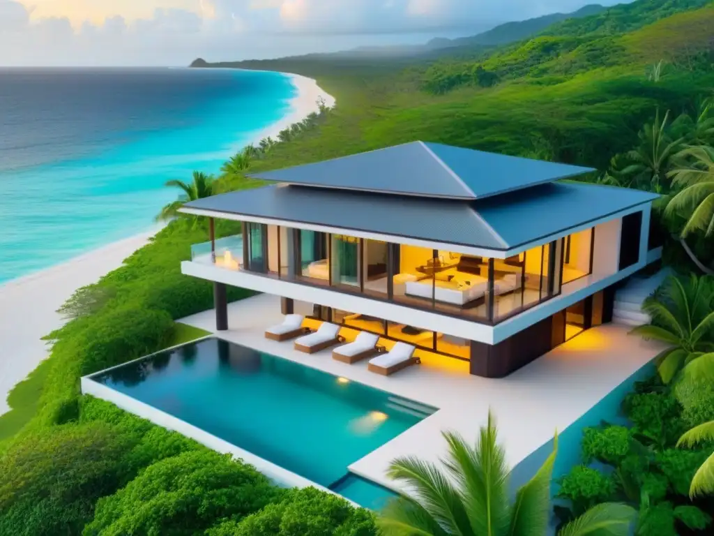 Paraíso caribeño: Propiedad de lujo con piscina infinita Inversión inmobiliaria Caribe mercado internacional: Elegancia y lujo frente al mar caribeño al atardecer