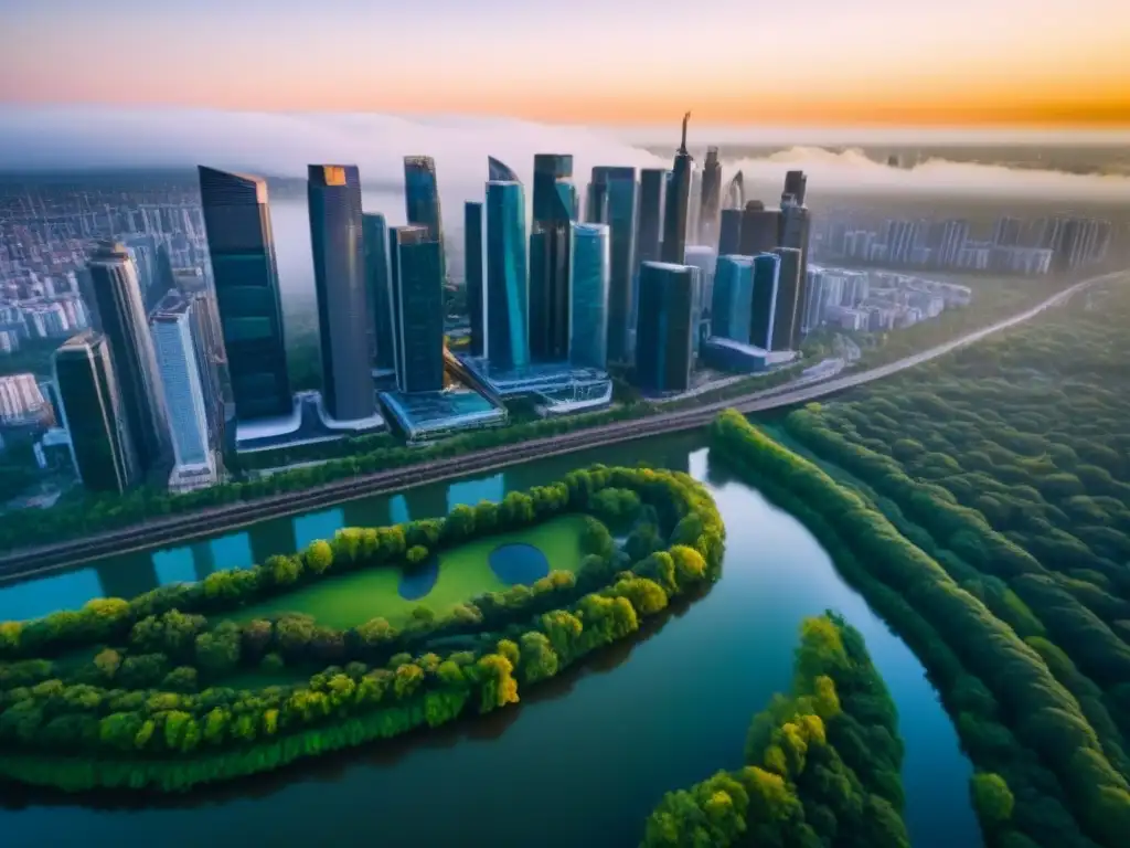 Inversión inmobiliaria internacional estrategia retiro: vibrante ciudad con rascacielos y parques, reflejando el sol dorado