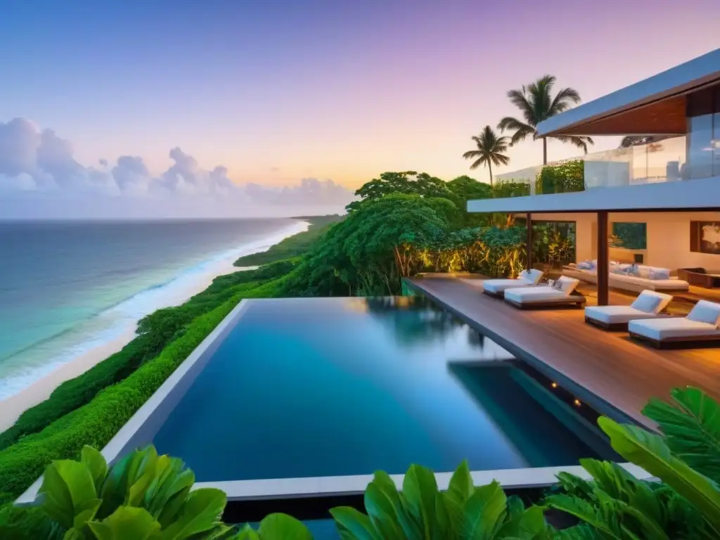Inversión inmobiliaria internacional estrategia retiro: Residencia de lujo con diseño moderno, piscina infinita y vistas al mar al atardecer