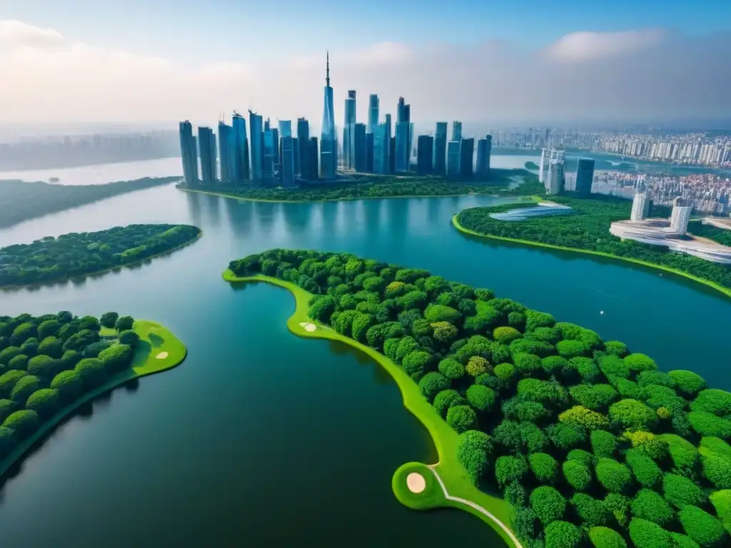 Skyline urbano: naturaleza y progreso en inversiones inmobiliarias Inversión inmobiliaria internacional: vista aérea de ciudad moderna con rascacielos, parques verdes y cuerpos de agua