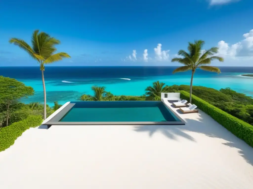 Residencia de lujo frente al mar en el Caribe: vista aérea detallada Inversión inmobiliaria en el Caribe: Villa de lujo con piscina infinita y vistas al mar turquesa