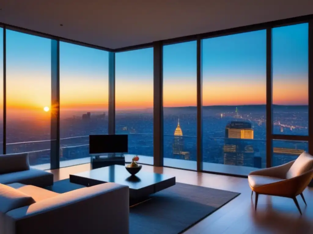 Penthouse de lujo con vista panorámica al atardecer Inversión inmobiliaria de lujo con vista a la ciudad al atardecer, diseño sofisticado y valor de mercado