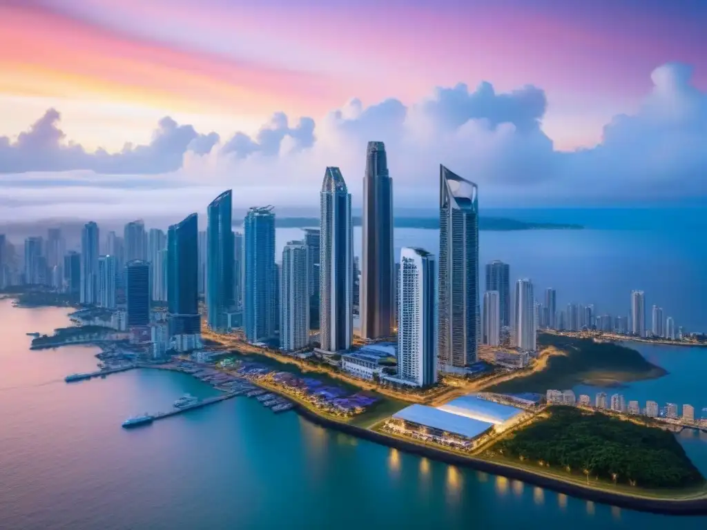Puesta de sol en Panamá: Skyline moderno y contrastes naturales Inversión inmobiliaria en Panamá: Majestuoso atardecer en la ciudad, skyline moderno iluminado en contraste con el océano Pacífico