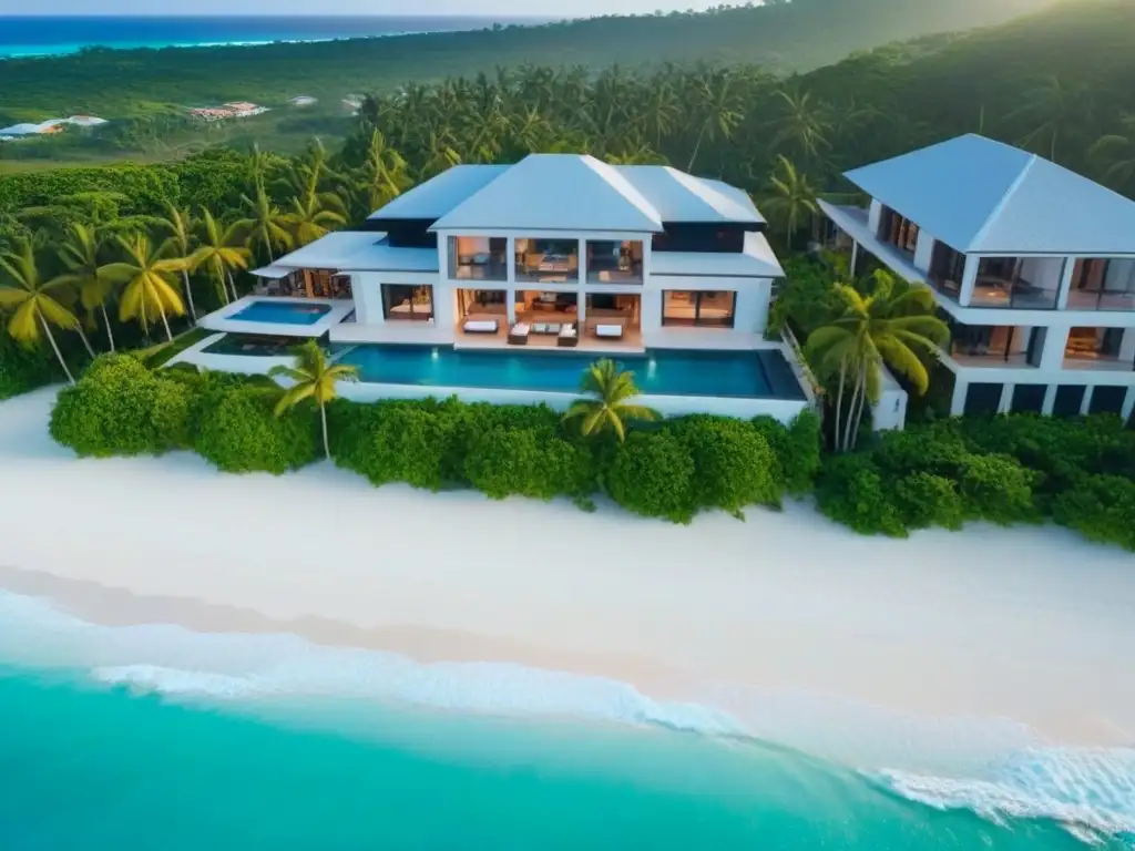 Inversión exclusiva: Propiedad de lujo frente al mar en el Caribe Inversión inmobiliaria en el Caribe: moderna propiedad frente al mar con aguas turquesa, playas de arena y palmeras exuberantes al atardecer