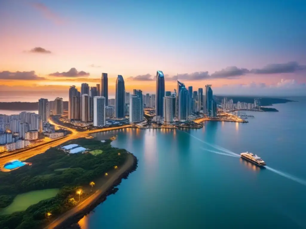 Panamá City: atardecer entre rascacielos y mar Inversión inmobiliaria en Panamá: Skyline moderno de Ciudad de Panamá al atardecer, con rascacielos y costa icónica
