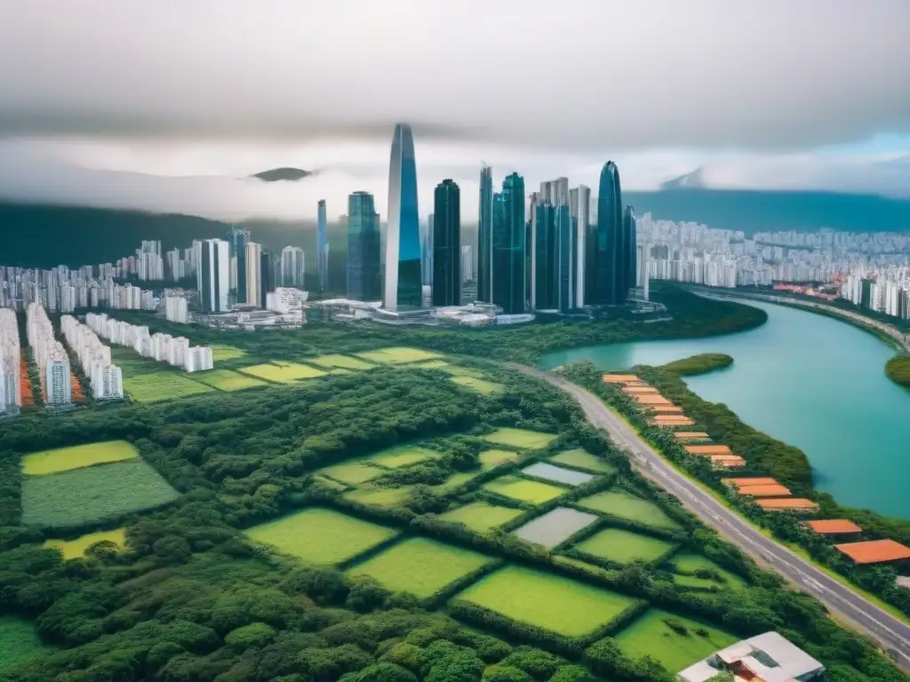Horizonte moderno y verde: inversión inmobiliaria en Sudamérica Inversión inmobiliaria en Sudamérica: Modernos rascacielos, parques verdes y río en la vibrante ciudad