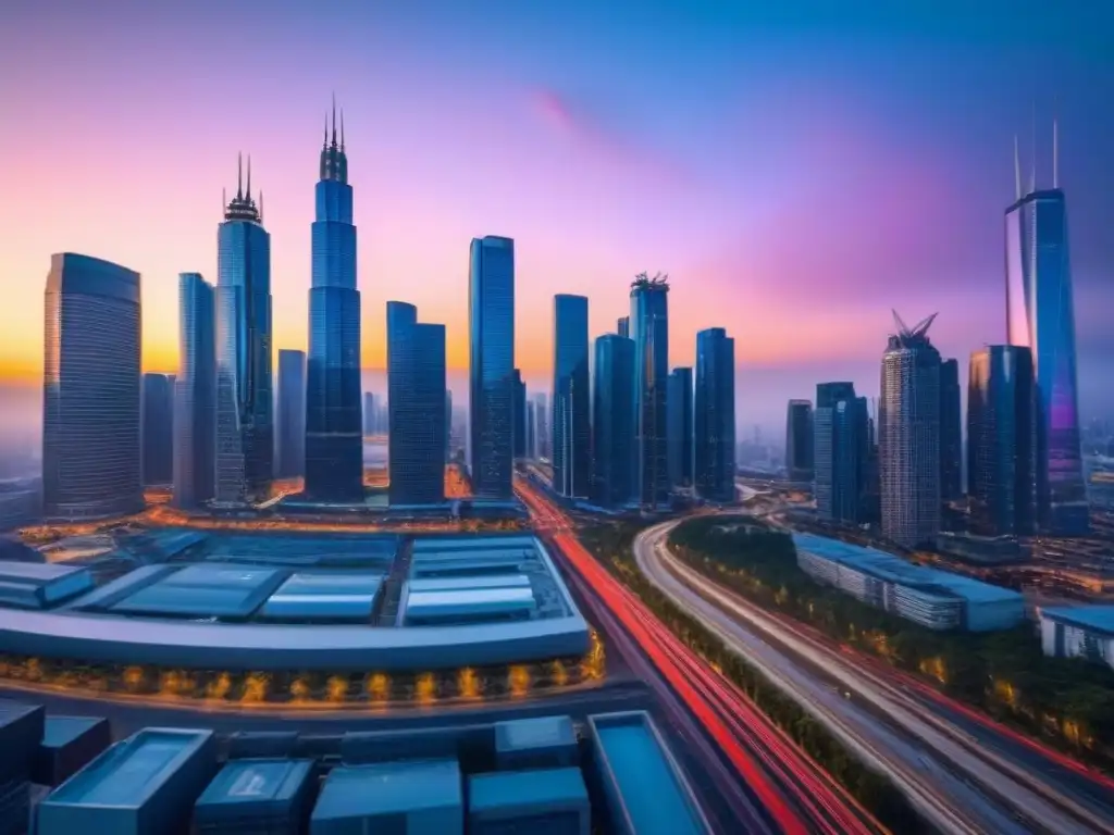 Skyline urbano moderno en 8k: luces vibrantes al atardecer Inversión inmobiliaria pasiva estrategias avanzadas: Ciudad moderna al atardecer, rascacielos iluminados y profesionales de negocios en la calle