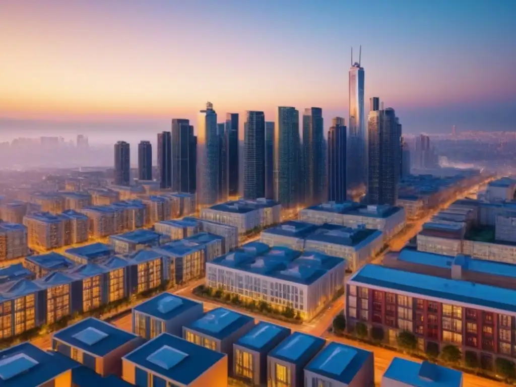 Inversión inmobiliaria: horizonte urbano contemporáneo al atardecer Inversión inmobiliaria pasiva estrategias diversificación: Una ciudad diversa y moderna bañada por la cálida luz del atardecer