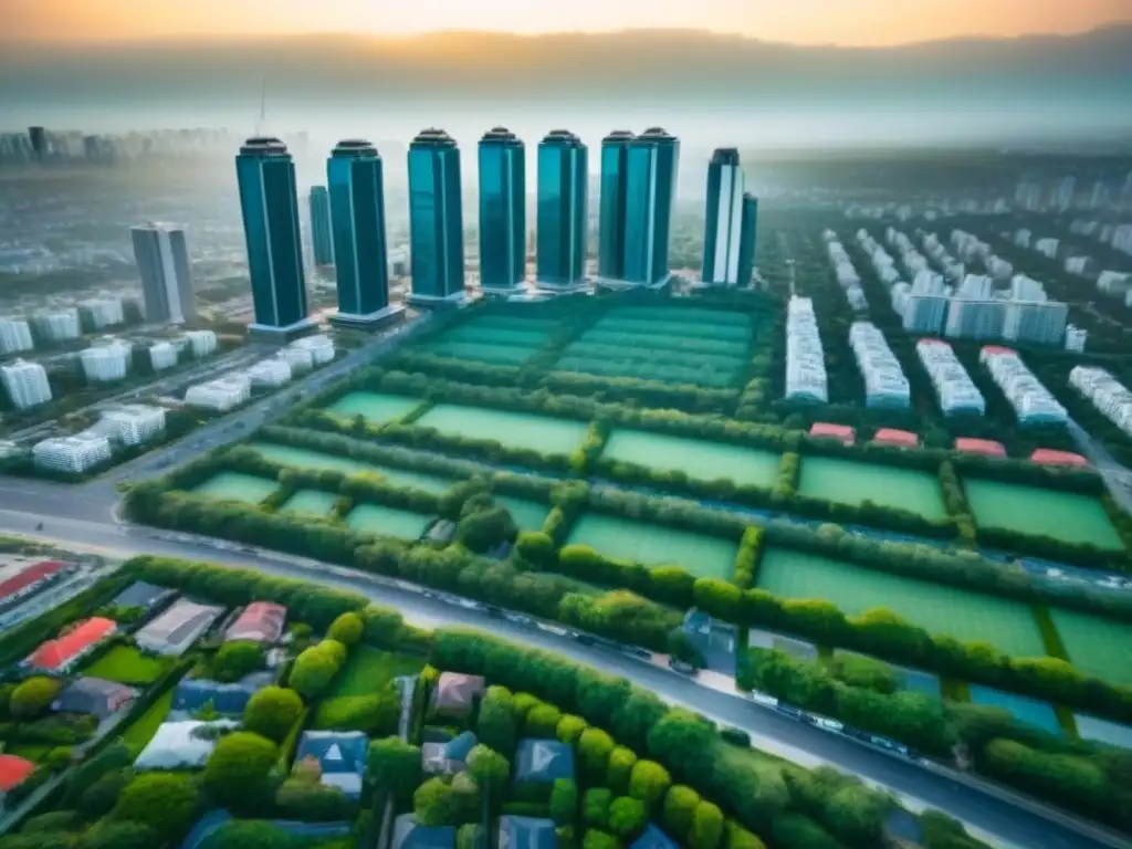 Diversidad de inversiones inmobiliarias: la ciudad como lienzo Inversión inmobiliaria guía principiantes: Vista aérea de ciudad moderna con diversidad de propiedades inmobiliarias