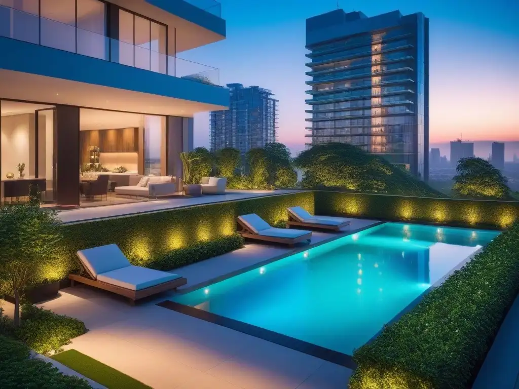 Espléndido condominio moderno con piscina en la azotea y vistas urbanas Inversión inmobiliaria guía principiantes: Moderno complejo de lujo con piscina en la azotea y vistas a la ciudad al atardecer