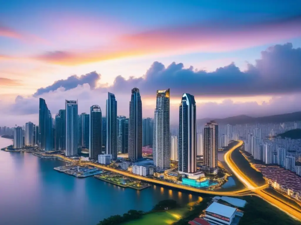 Inversión inmobiliaria en Panamá: colaboraciones exitosas al atardecer Inversión inmobiliaria en Panamá: Profesionales reunidos en la vibrante panorámica urbana de Panamá al anochecer