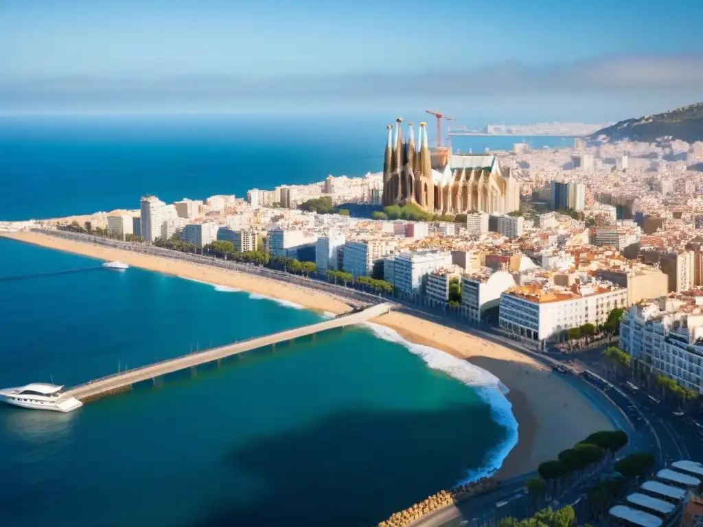 Skyline lujoso de Barcelona: inversión inmobiliaria de ensueño Inversión inmobiliaria propiedades lujo España: Skyline de lujo de Barcelona con la Sagrada Familia y modernos rascacielos junto al mar Mediterráneo