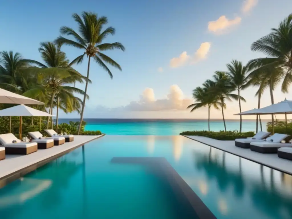 Resort de lujo en el Caribe: arquitectura moderna frente al mar Inversión inmobiliaria en el Caribe: Resort de lujo frente al mar con arquitectura moderna, piscinas infinitas y ambiente sofisticado al atardecer