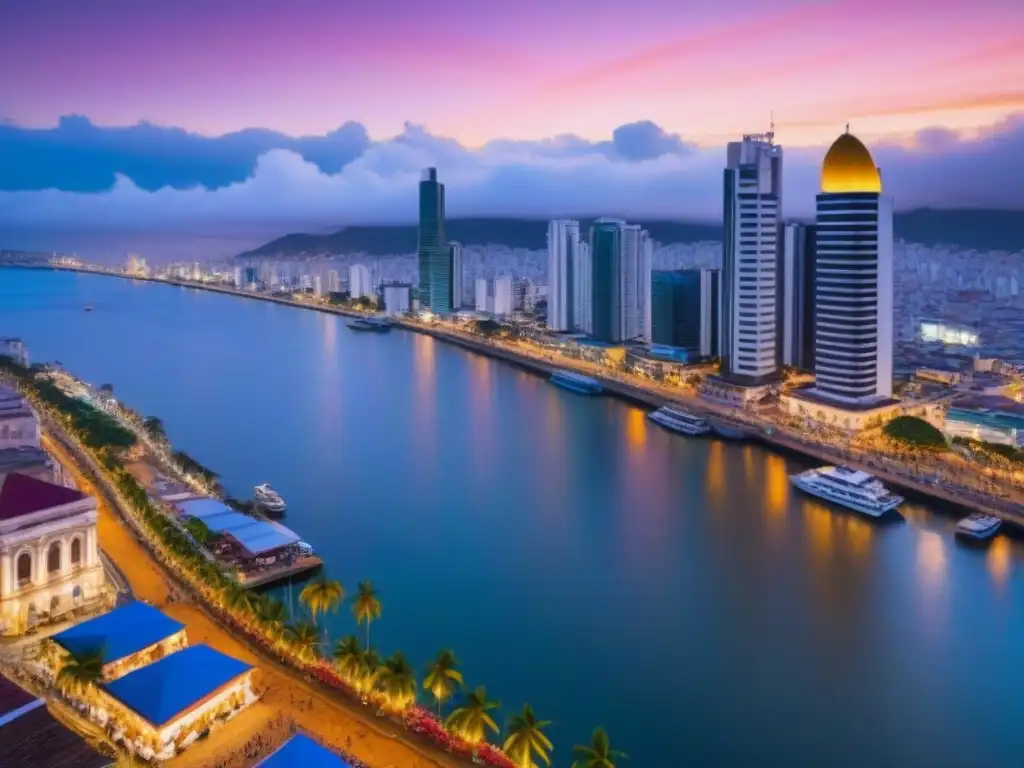Esplendor de Guayaquil al atardecer: Malecón 2000 y río Guayas Inversión inmobiliaria en Ecuador: El skyline de Guayaquil al atardecer, con el Malecón 2000 y río Guayas reflejando el cielo