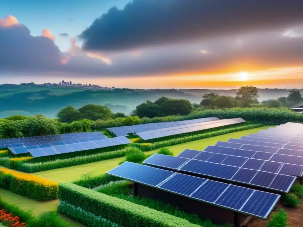 Complejo sostenible: armonía entre naturaleza y arquitectura Inversión inmobiliaria sostenible medio ambiente: Complejo moderno rodeado de naturaleza y energía solar al atardecer