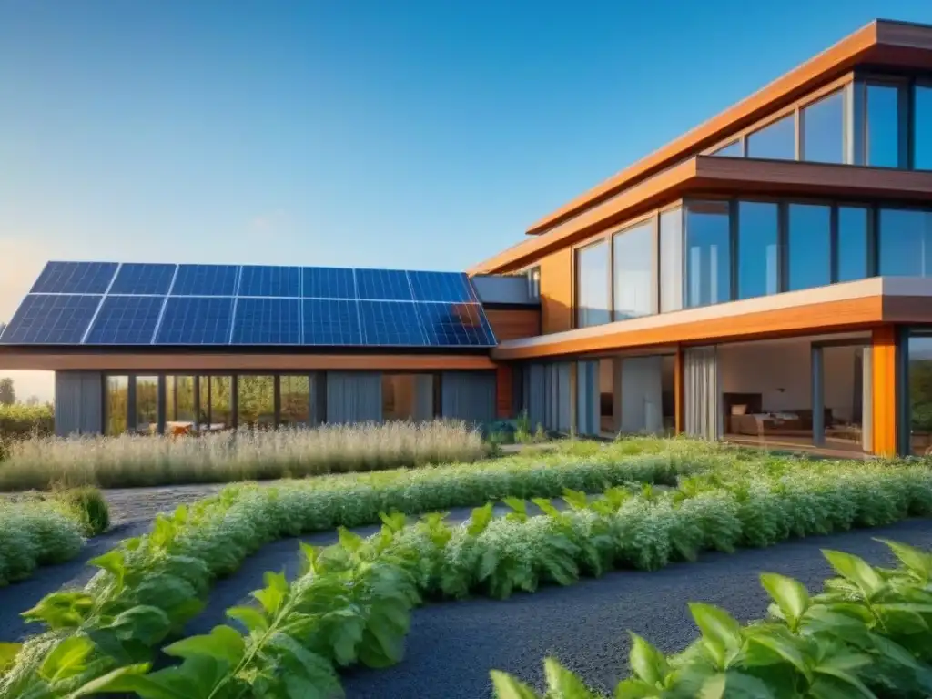 Edificio sostenible: arquitectura innovadora en entorno verde Inversión inmobiliaria sostenible en armonía con el medio ambiente: edificio moderno rodeado de naturaleza y paneles solares