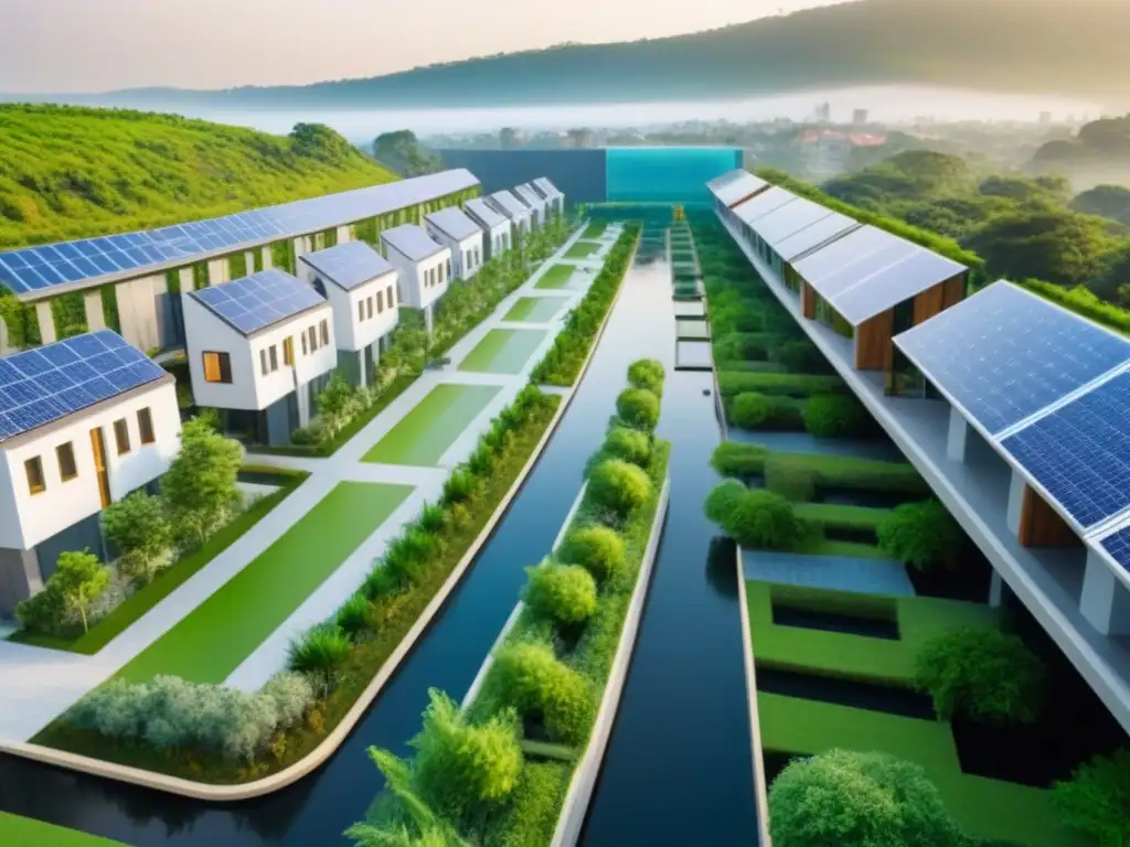 Desarrollo inmobiliario sostenible: armonía urbano-natural Inversión inmobiliaria sostenible en armonía con la naturaleza: ecoedificios, paneles solares, jardines verdes y senderos peatonales