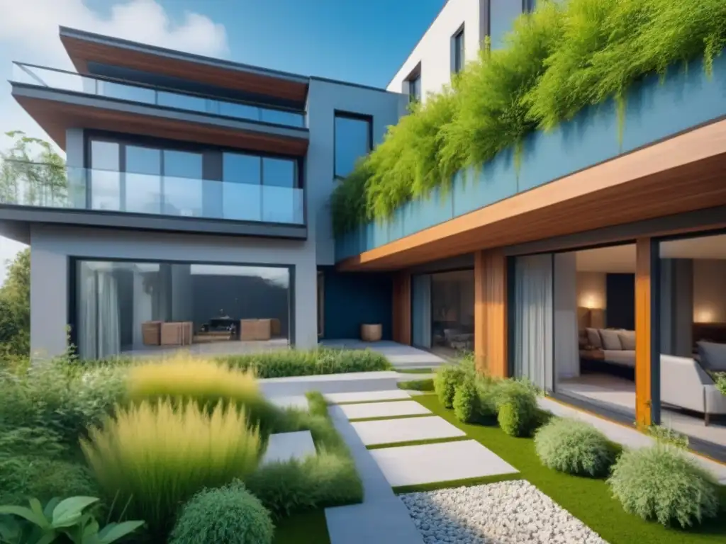 Edificio residencial ecoamigable con paneles solares y jardines nativos Inversión inmobiliaria sostenible en armonía con el medio ambiente: edificio moderno rodeado de vegetación, paneles solares y materiales reciclables
