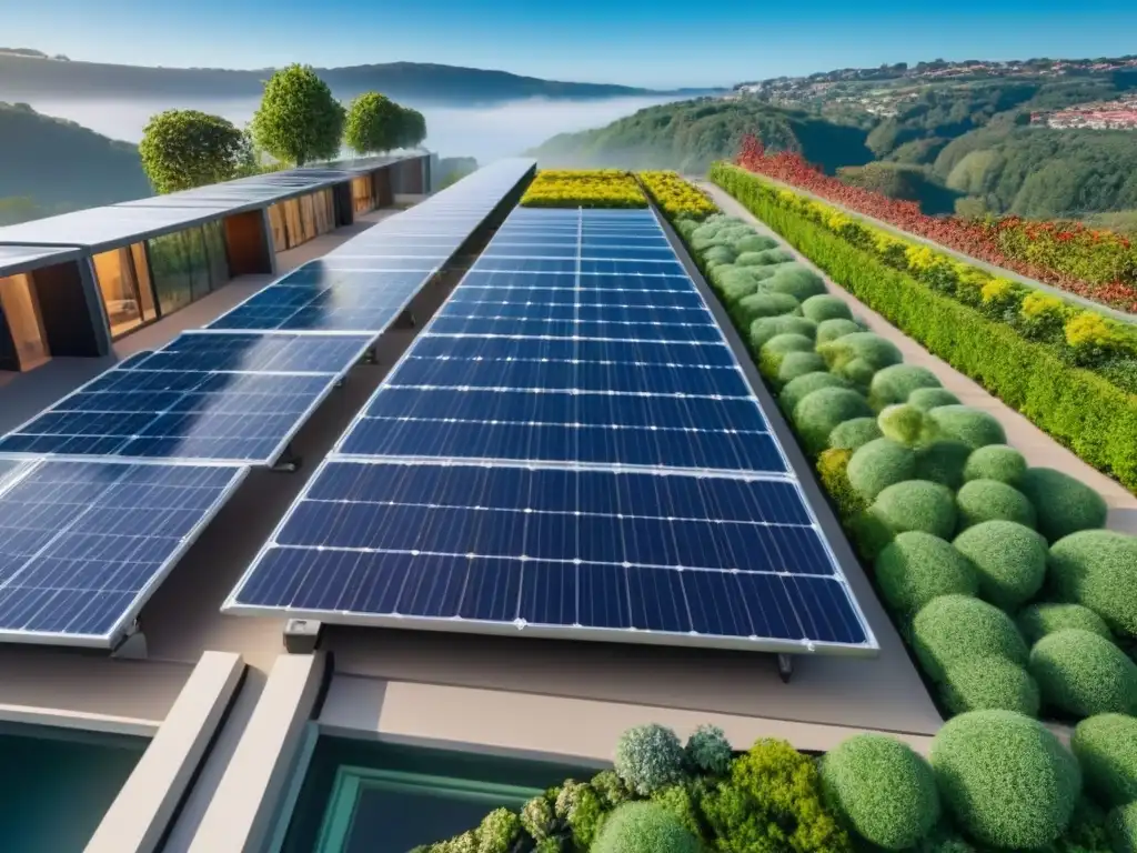 Edificio sustentable: diseño futurista con paneles solares, jardín en la azotea y ventanales eficientes Inversión inmobiliaria sostenible: diseño arquitectónico futurista con paneles solares, jardín verde y eficiencia energética