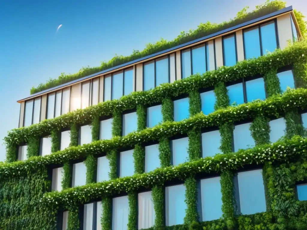 Edificio sostenible con paneles solares y vegetación exuberante Inversión inmobiliaria en construcción sostenible: edificio moderno con paneles solares y pared verde, rodeado de naturaleza