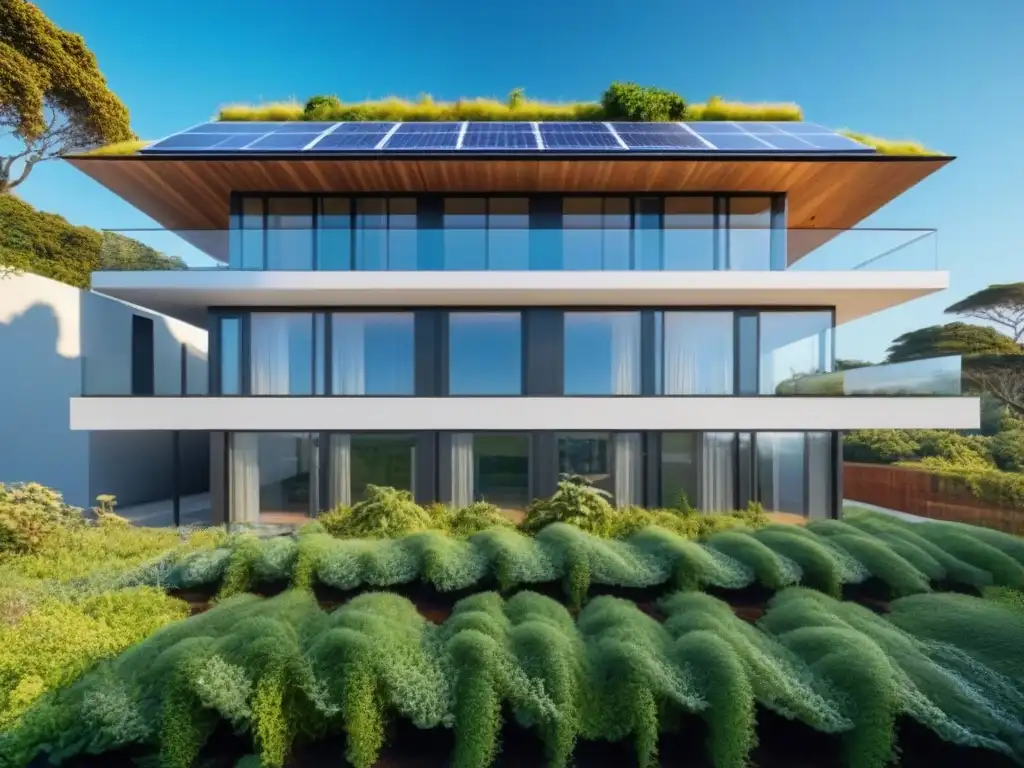 Edificio sostenible: diseño moderno con paneles solares y naturaleza Inversión inmobiliaria sostenible y eficiencia energética: un edificio moderno rodeado de naturaleza, paneles solares y diseño ecoamigable