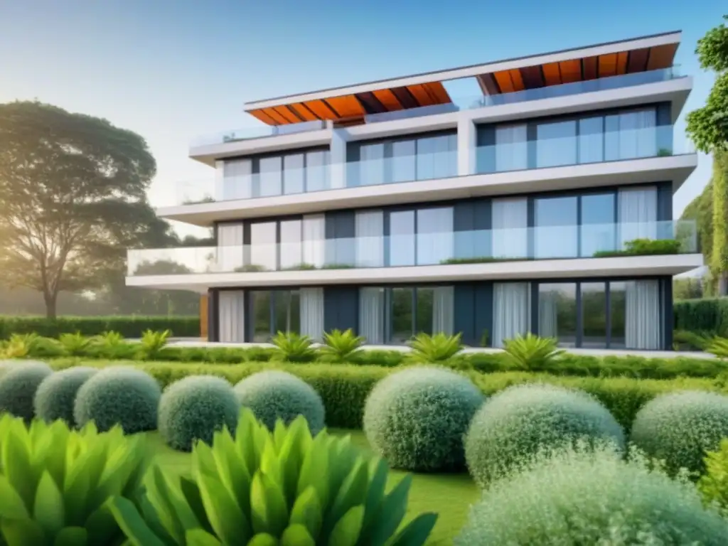Edificio sostenible: modernidad entre la naturaleza Inversión inmobiliaria sostenible y eficiencia energética en moderno edificio rodeado de naturaleza bajo cielos azules