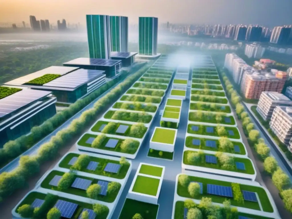 Vista aérea: Integración de arquitectura sostenible en la ciudad Inversión inmobiliaria sostenible: paisaje urbano con arquitectura ecofriendly y factores riesgo ambiental inversor inmobiliario