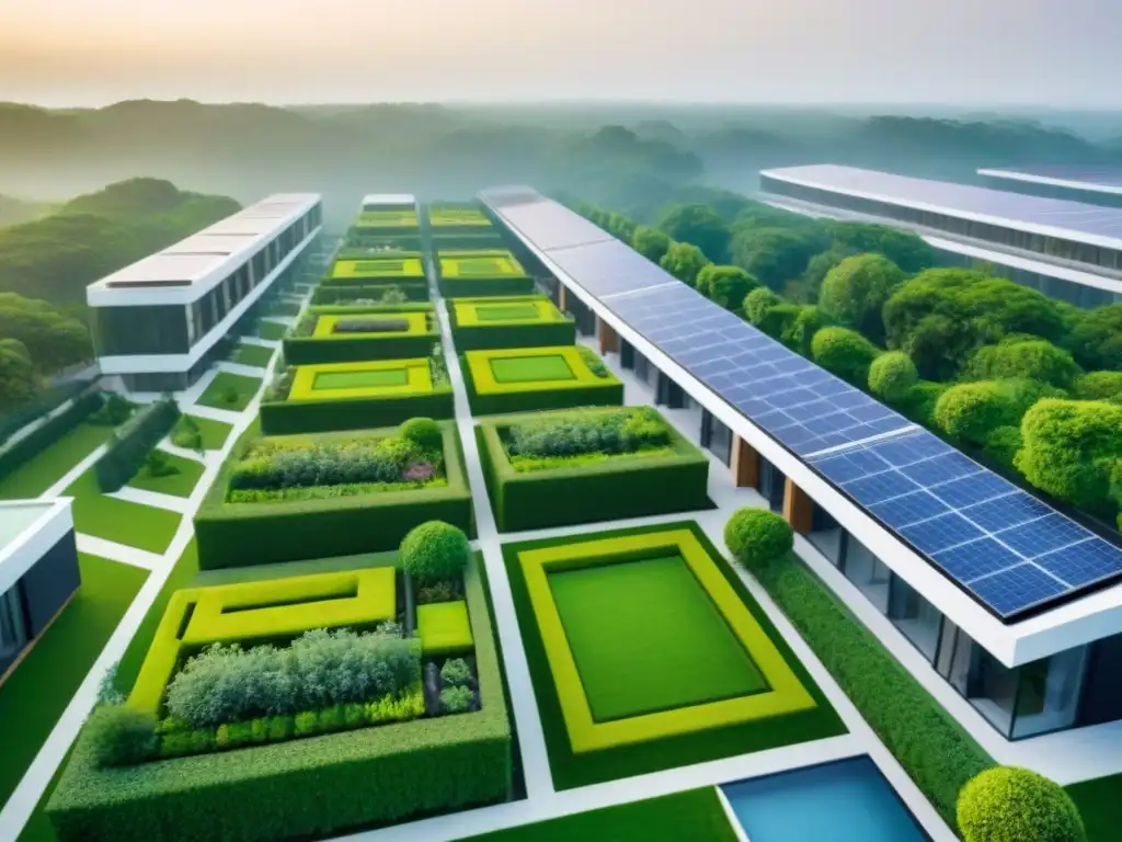 Desarrollo inmobiliario sostenible: modernidad verde en alta resolución Inversión inmobiliaria sostenible con green rooftops y paneles solares, simbolizando ética en inversión inmobiliaria sostenible