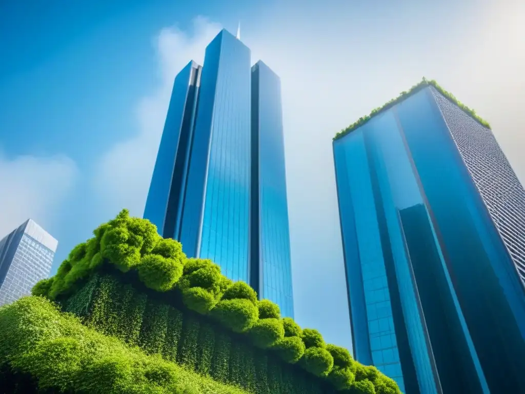 Rascacielos de lujo integrando fintech en el real estate Inversión inmobiliaria con tecnología fintech: Rascacielos moderno y lujoso reflejando la ciudad, rodeado de vegetación exuberante