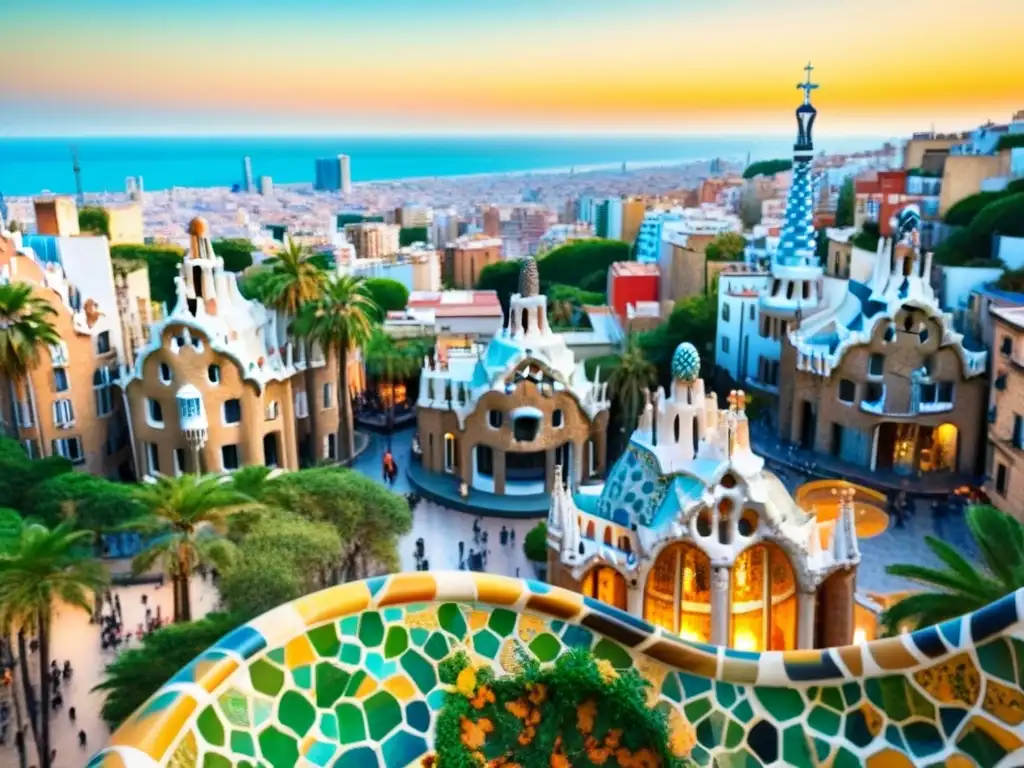 Skyline de Barcelona: modernidad frente a historia en España Inversión inmobiliaria en España: Vista aérea de Barcelona con la Sagrada Familia, Park Guell y el mar Mediterráneo al fondo